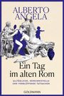 Titel: "Ein Tag im alten Rom". Illustration von Römern in blauer und grauer Kleidung, die sich entspannen.