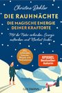 „Die Rauhnächte: Die magische Energie deiner Kraftorte.“ Illustration: Person in Winterlandschaft; Berge, Haus.
