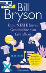 Text: "Bill Bryson. Eine NEUE kurze Geschichte von fast allem. Komplett aktualisiert und überarbeitet. GOLDMANN." Illustration mit Säulen, Löwe und Figuren.