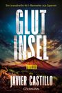„Der brandheiße Nr.1-Bestseller aus Spanien. Glutinsel. Thriller. Javier Castillo. Goldmann." Vulkanlandschaft.
