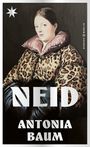 "NEID ANTONIA BAUM" in großen Buchstaben. Eine Frau in einem Leopardenmantel mit rosa Kragen. Eine Illustration.