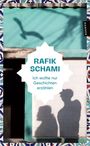 "RAFIK SCHAMI Ich wollte nur Geschichten erzählen." Zwei Schatten auf einer türkisfarbenen Wand mit ornamentaler Umrahmung.