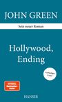 Text: "JOHN GREEN", "Sein neuer Roman", "Hollywood, Ending", "Vorläufiges Cover", "SPIEGEL Bestseller-Autor", "HANSER". Blaues Coverdesign.