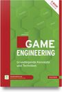 „E-BOOK inklusive“, „GAME ENGINEERING“, „Grundlegende Konzepte und Techniken“, grüne Waben, roter Rand.