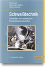 Buchtitel "Schweißtechnik", eine Person in Schutzkleidung beim Schweißen, gelber Buchrücken mit Logo "HANSER".