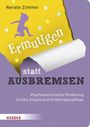 „Ermutigen statt ausbremsen“; psychomotorische Förderung; lila Hintergrund, gelbe Silhouette eines laufenden Kindes.