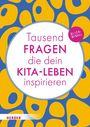 "Tausend Fragen die dein Kita-Leben inspirieren". Buntes Design mit gelben Formen auf blauem Hintergrund.