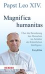 "Papst Leo XIV. Magnifica humanitas. Über die Bewahrung des Menschen im Zeitalter der Künstlichen Intelligenz. Enzyklika." Darunter ein Mann in päpstlicher Kleidung. 