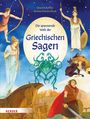 „Die spannende Welt der Griechischen Sagen.“ Bunte Illustration mit mythologischen Figuren und Medusa in der Mitte.