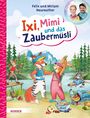 "Ixi, Mimi und das Zaubermüsli" zeigt einen Fuchs und Hasen beim Picknick neben einem Bach vor einer Bergkulisse.