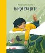 Text: "Herders Buch der Kindergebete". Illustration: Kind schläft auf einer Wolke; zwei Vögel sitzen auf Pflanzen.