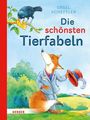 Text: "Die schönsten Tierfabeln". Illustration: Fuchs im Anzug, hebt Hut, sieht Vogel im Baum mit Käse an.