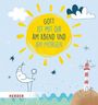 Text: "Gott ist mit dir am Abend und am Morgen." Illustration mit Sonne, Mond, Wolken, Meer und Leuchtturm.