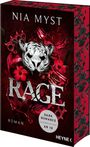 „NIA MYST“, „RAGE“, „ROMAN“, „DARK ROMANCE LESEEMPFEHLUNG AB 18“, „HEYNE“. Tiger-Maske, rote Blumen, schwarzer Hintergrund.
