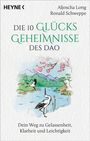 Titel: "Die 10 Glücksgeheimnisse des Dao". Zwei Kraniche an einem See, blühende Kirschblütenzweige.