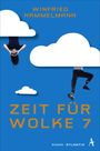 "ZEIT FÜR WOLKE 7" von Winfried Hammelmann. Illustration: Himmel, Wolken, Person hängt, Beine ragen aus einer Wolke.