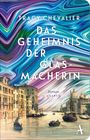 „Tracy Chevalier: Das Geheimnis der Glasmacherin. Roman. Atlantik.“ Illustration: Bunte Strudel, Gebäude am Wasser.