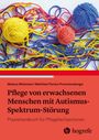 "Pflege von erwachsenen Menschen mit Autismus-Spektrum-Störung" mit bunten Wollknäueln und Fäden im Hintergrund.