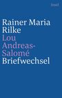 Text: "Rainer Maria Rilke Lou Andreas-Salomé Briefwechsel Insel" in Weiß und Lila auf blauem Hintergrund.