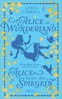 Text: "Lewis Carroll, Alice im Wunderland, Mit den Illustrationen von John Tenniel, Alice hinter den Spiegeln, Insel."  
Illustration: Alice fällt, mit Teekanne, Uhr und Pflanzen.