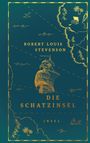 „Robert Louis Stevenson, Die Schatzinsel, Insel“. Goldene Illustrationen, Schiff und Schatzkarte auf blauem Hintergrund.