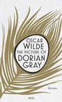 Text: "Oscar Wilde, The Picture of Dorian Gray, Roman, INSEL". Illustration eines Blattes in Braun und Weiß.