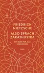 "FRIEDRICH NIETZSCHE ALSO SPRACH ZARATHUSTRA EIN BUCH FÜR ALLE UND KEINEN INSEL" in goldener Schrift auf rotem Hintergrund.