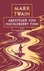 "MARK TWAIN, ABENTEUER VON HUCKLEBERRY FINN, INSEL." Illustration: Junge auf einem Floß auf einem gewundenen Fluss.