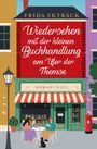 "Wiedersehen mit der kleinen Buchhandlung am Ufer der Themse". Illustration einer Buchhandlung mit Café, Menschen und Hund.