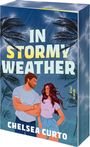 "In Stormy Weather" und "Chelsea Curto" sind in großen Buchstaben geschrieben. Illustration: Ein Mann und eine Frau stehen im Sturm.