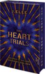 Buchtitel „The Heart Trials“ von J. Elle, Pfeile zeigen auf goldene Schrift auf blauem Hintergrund.