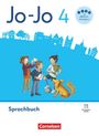 „Jo-Jo 4“, „mit FRESCH-Strategien“, „Sprachbuch“, „Cornelsen“. Kinder und Hund vor blauer Stadtsilhouette.