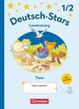 „Deutsch-Stars 1/2 Lesetraining Tiere“, Illustration mit Tieren: Schaf, Pelikan, Hund, Gans, Ente mit Küken und Flugzeug.
