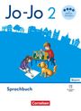 "Jo-Jo 2", "Sprachbuch", "Bayern". Ein Mädchen und ein Junge mit Hund, Farben und Laptop, im Hintergrund Stadtsilhouette.