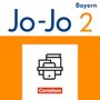 Text: "Jo-Jo 2", "Bayern", "Cornelsen". Illustration: Bücher, Tablet. Hintergrund: Orange und Weiß.