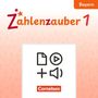 „Zahlenzauber 1“, „Bayern“, „Cornelsen“. Enthält Symbole für Dokument, Play-Button und Lautsprecher.