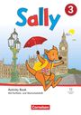 "Sally" in bunten Buchstaben, darunter "Activity Book" und "Mit Portfolio- und Wortschatzheft". Känguru mit Regenschirm in London.
