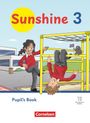 „Sunshine 3“ und „Pupil's Book“. Zwei Kinder auf einem Klettergerüst, eines kopfüber, mit einem Maulwurf. Cornelsen-Logo.