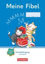 "Meine Fibel," Namefeld, "MMMM," "Schreiblehrgang Grundschrift," "Cornelsen." Zwei fröhliche Katzen packen Schultasche.
