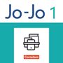 Text: "Jo-Jo 1" und "Cornelsen". Illustration: Bücher und digitale Geräte, schlichtes Design auf türkisem Hintergrund.