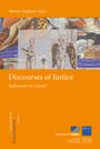 Titel: "Discourses of Justice: Indicators of Crises?". Kunst mit Figuren und abstrakten Mustern. Logos unten.