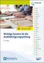 Texte: "Wichtige Gesetze für die Ausbildereignungsprüfung", "9. Auflage". Zwei Personen studieren Bücher und Laptop.