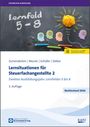 Text oben: "Lernfeld 5-8". Darunter bunte Köpfe, Büroklammern und eine Glühbirne aus Papier.