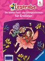 "Leserabe: Die besten Feen- und Elfengeschichten für Erstleser. Illustration mit zwei fliegenden Elfenkindern."