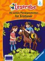 „Leserabe: Die besten Pferdegeschichten für Erstleser, 2. Klasse.“ Illustration: Kinder mit Pony auf Wiese.