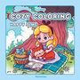 Text: Cozy Coloring, Happy Time, Disney, Ravensburger. Illustration: Ein Mädchen auf einer Decke mit Katze und Picknickkorb.