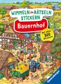 WIMMELN RÄTSELN STICKERN Bauernhof. Mit über 300 Stickern. Illustration eines lebhaften Bauernhofs mit vielen Tieren und Menschen.