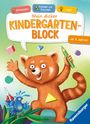"Mein dicker Kindergartenblock", "ab 3 Jahren", "Schneiden", "Farben und Formen", "Logik". Illustration: ein rotes Tier mit Buntstift.