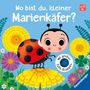 "Wo bist du, kleiner Marienkäfer?" Ein fröhlicher Marienkäfer auf einer gelben Blume, umgeben von bunten Blumen.
