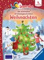 "Die schönsten Erstlesegeschichten Weihnachten" steht über einem geschmückten Baum mit Kindern, einem Schneemann und einem Eichhörnchen.